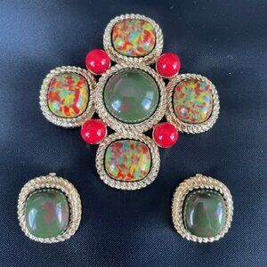 Vintage Sarah Coventry Mosaic Maltese Cross Brooch and Earrings UNWORN CONDITION
